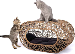 d+ garden cat hideaway house for indoor cats, faux rattan cat bed with top/side entry and enclosed space, 24.5 x 13.3 x 13.8 inches, pet friendly
