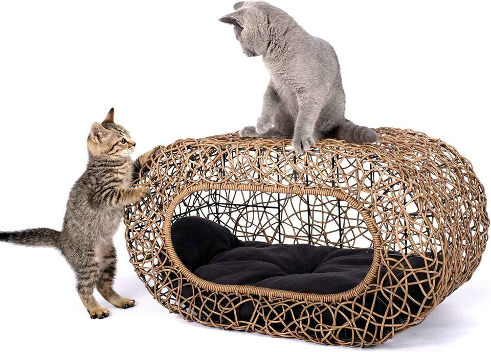 d+ garden cat hideaway house for indoor cats, faux rattan cat bed with top/side entry and enclosed space, 24.5 x 13.3 x 13.8 inches, pet friendly