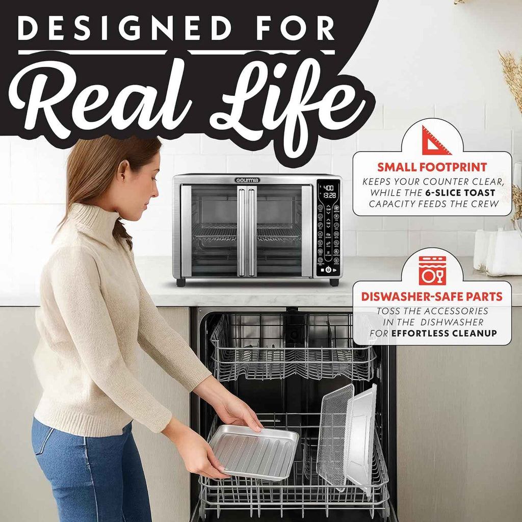 Gourmia French Door Air Fryer – 25 Qt Large Capacity Convection Oven, Fryfroce 360°, Digital Display with 17 Cooking Presets, Bake, Toast, Roast, Dehydrate, Fits 12” Pizza