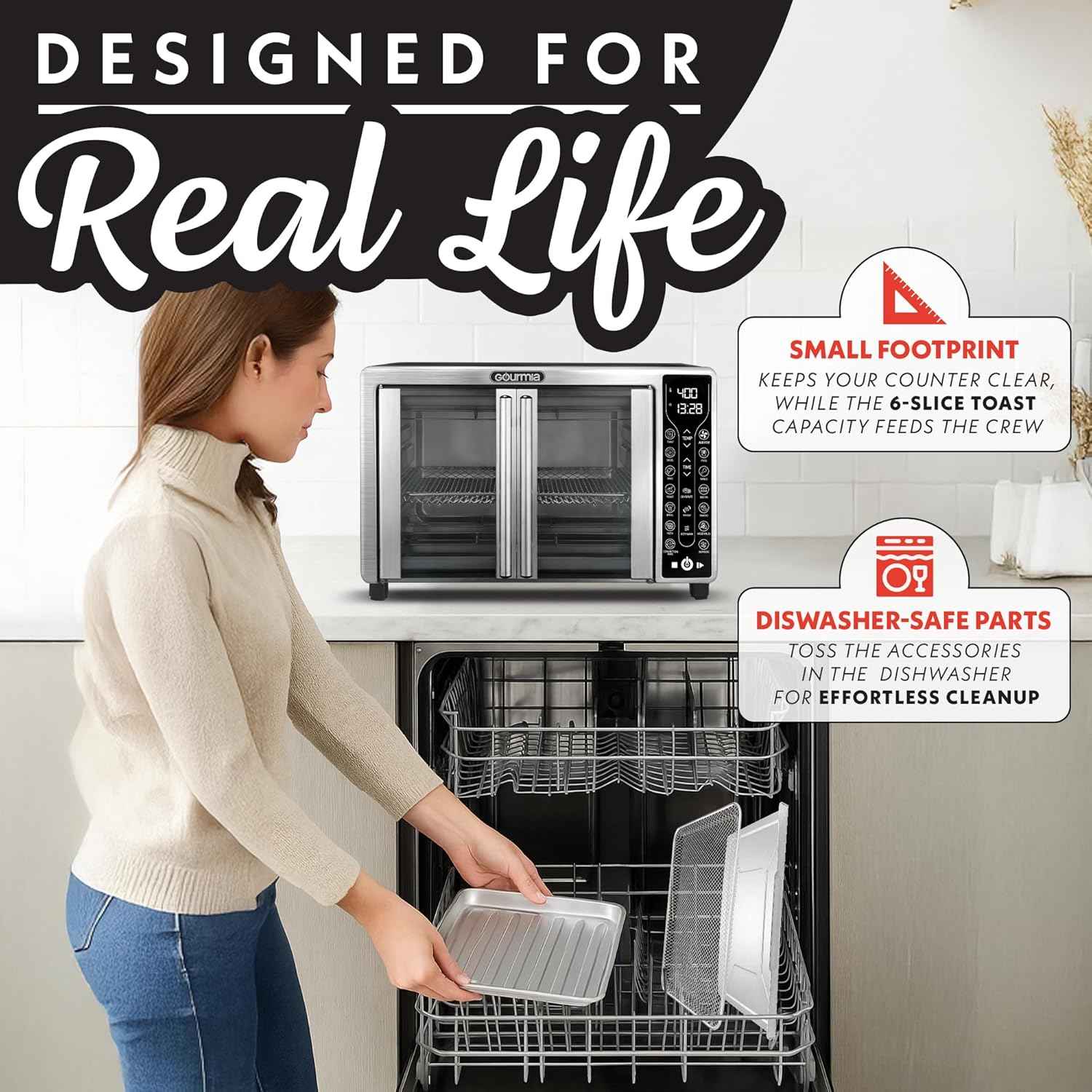 Gourmia French Door Air Fryer – 25 Qt Large Capacity Convection Oven, Fryfroce 360°, Digital Display with 17 Cooking Presets, Bake, Toast, Roast, Dehydrate, Fits 12” Pizza