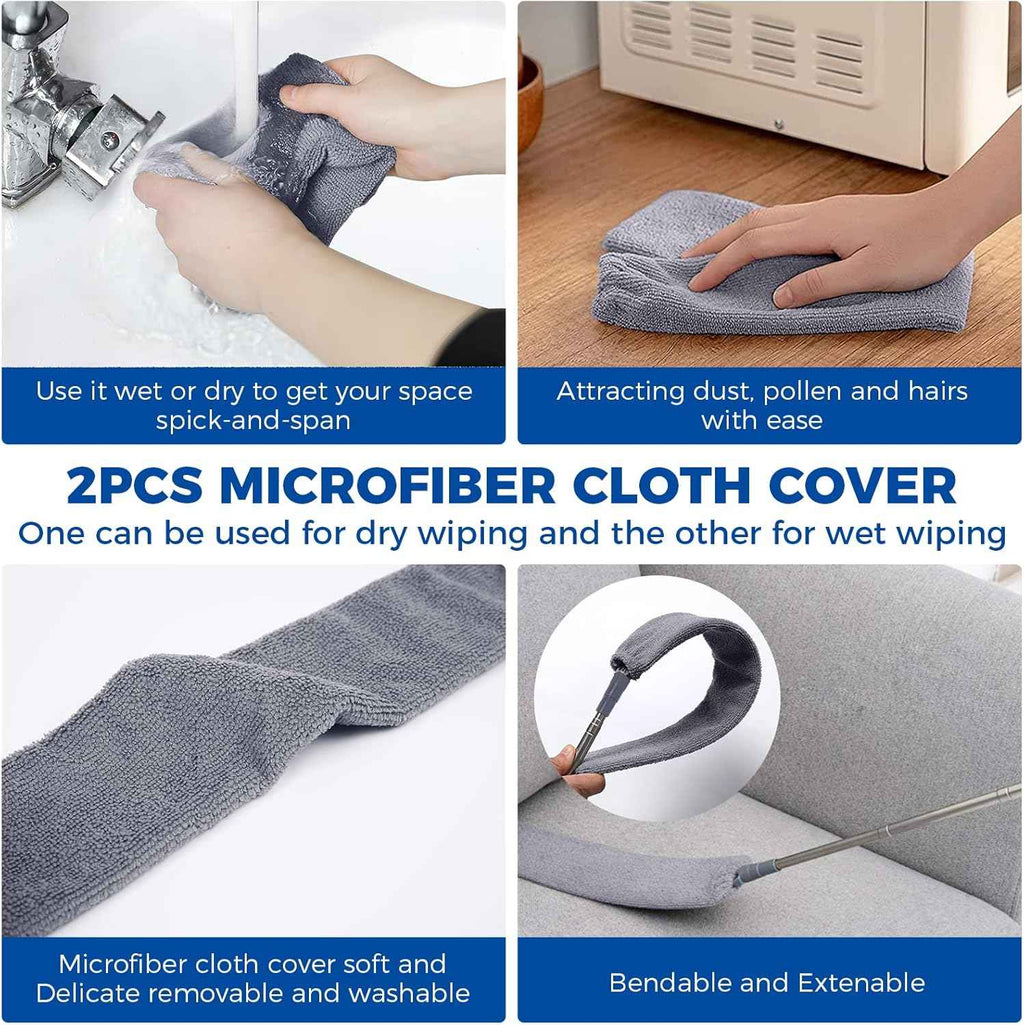 Retractable Gap Dust Cleaner Cleaning Tools with 2 Microfiber Dusting Cloths Long Handle 60inches Washable and Retractable Duster Brush for Cleaning Under Appliances Furniture Couch Fridge