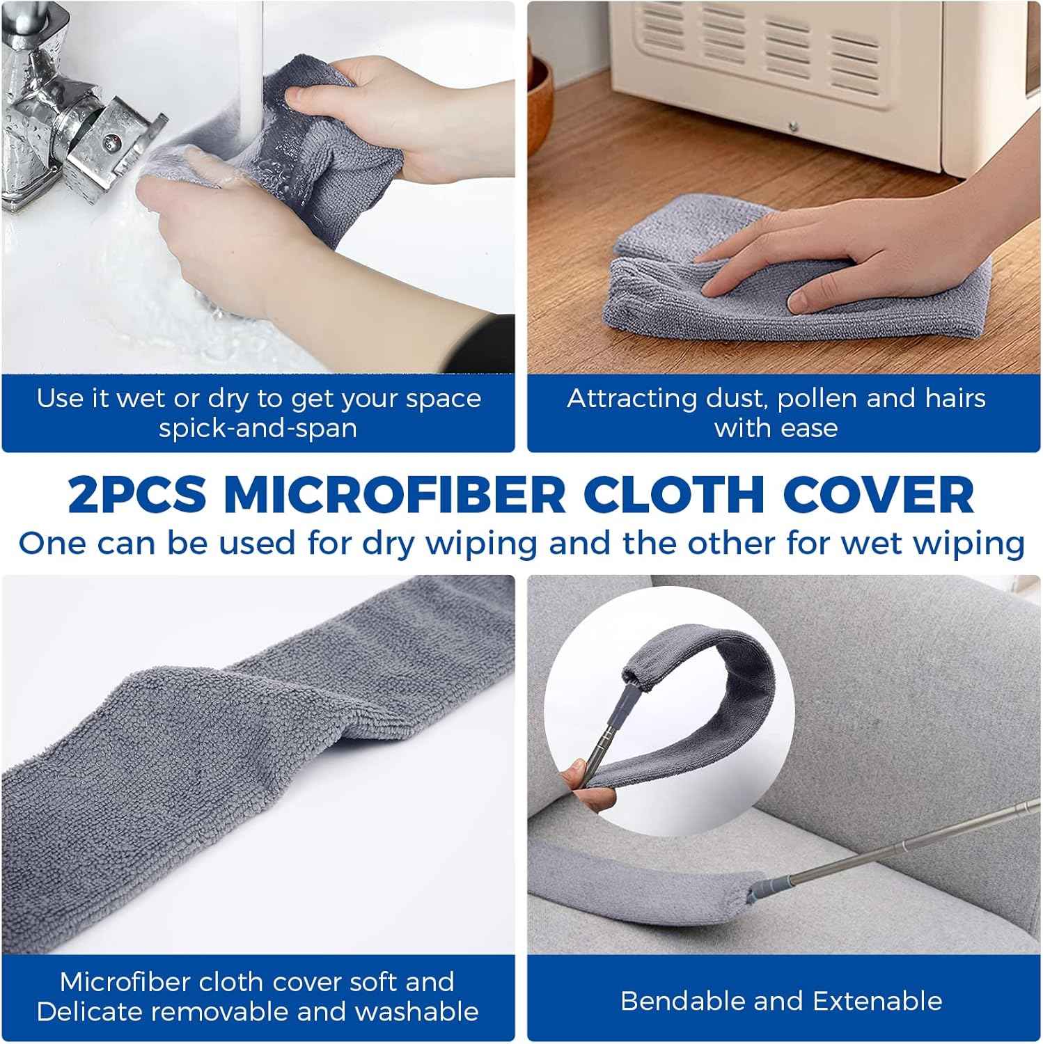 Retractable Microfiber Dusting Cloths with Long Handle 60inches for Cleaning Under Appliances Furniture Couch Fridge