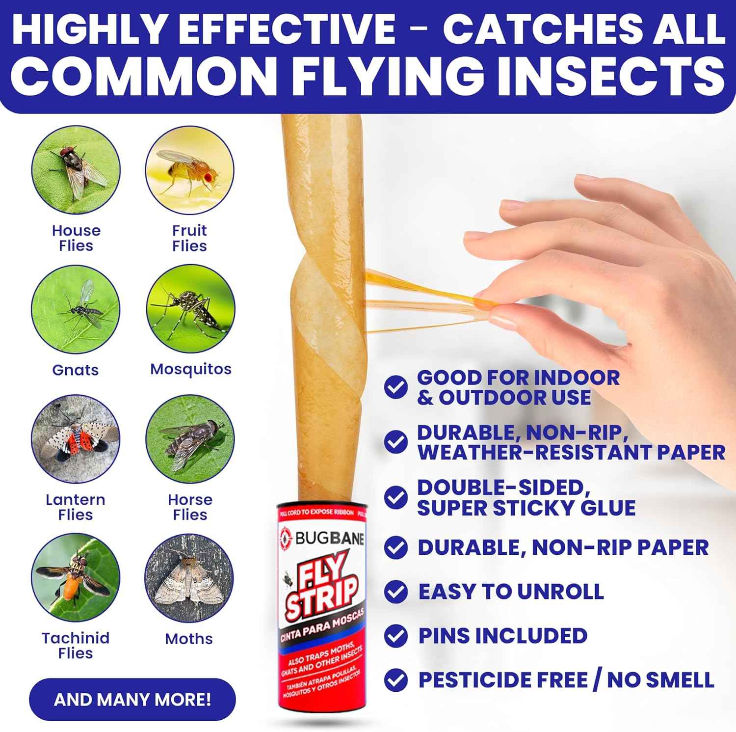 Bugbane Fly Strips Indoor Sticky Hanging 24pk with Pins, Non-Toxic Fly Trap for Home, Flies, Gnat, Fruit Fly, and Housefly.