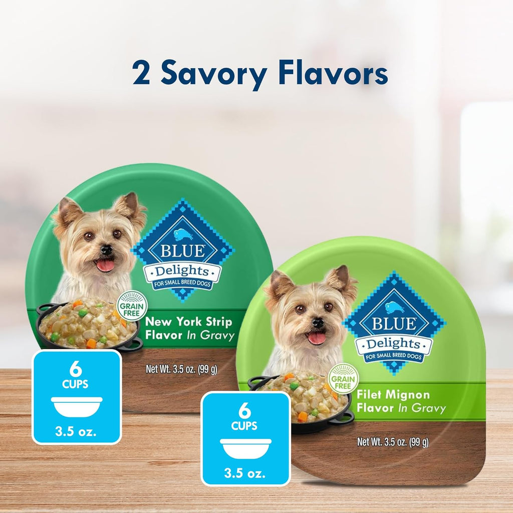 blue buffalo delights natural adult small breed wet dog food, variety pack, made with natural ingredients, filet mignon & new york strip recipe