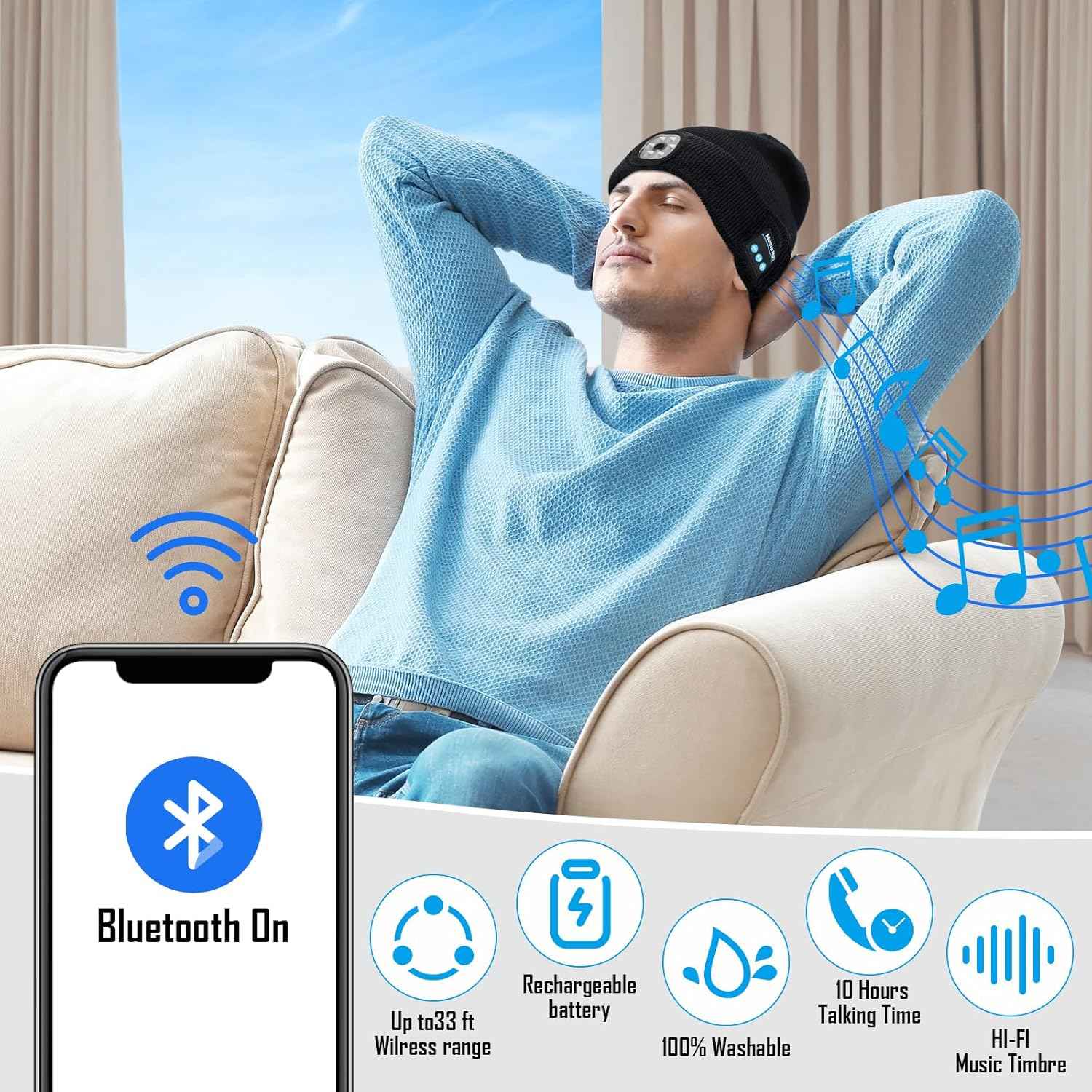 Gifts for Men, LED Bluetooth Beanie Hat, Valentines Day Gifts for Him, Anniversary Birthday Gift for Men Dad Him Husband Grandpa, Mens Valentines Gift for Camping Hiking Accessories Cool Gadgets