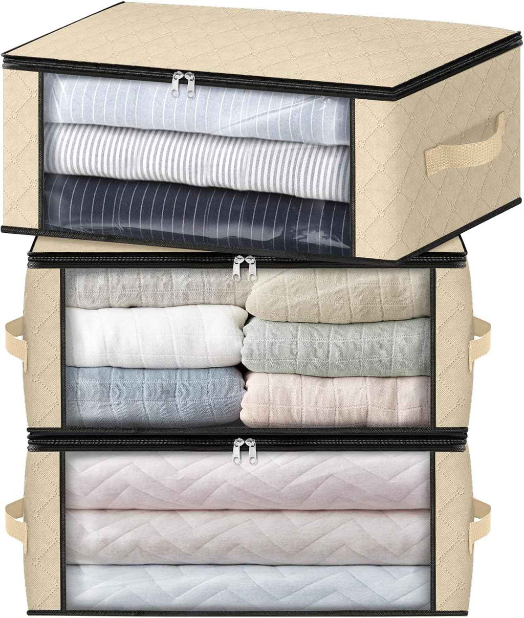 HomeHacks Storage 3-Pack Clothes Organizer Storage Bags Foldable Storage Box with Large Clear Window Sturdy Handles for Closet, Dorm, Pillows, Bedding, Clothes, Blankets, 35L, Gray