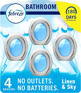 Febreze Bathroom Air Freshener Odor-Fighting for Small Spaces Scented Plug In Alternative Long-Lasting for Home and Bathroom and Kitchen Closet Air Fresheners, Linen & Sky Scent, 4 Count