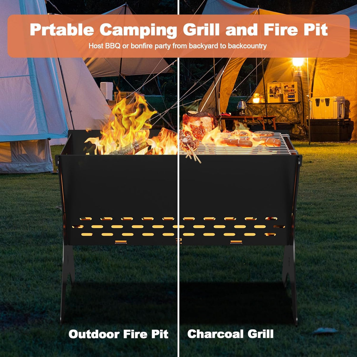 Camping Campfire Grill, 16"Lx12"D Portable Folding Charcoal Grills, Backpacking BBQ Grill with Carry Bag, Outdoor Fire pit for Camping, Picnic, Bonfire, Patio, Backyard