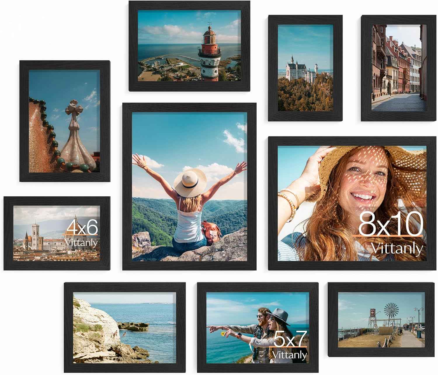 Vittanly 10-pack picture frames collage wall decor set with 8x10, 5x7, 4x6 frames, black engineered wood
