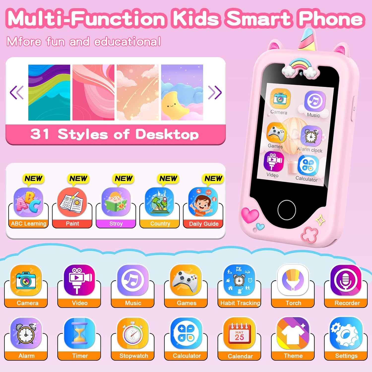 WEOLULI Kids Smart Phone with Dual Camera, Game & Music Player, Toddler Learning Play Toy Cell Phone, Gifts for Girls, Christmas, Birthday, Age 3-10, Light Pink