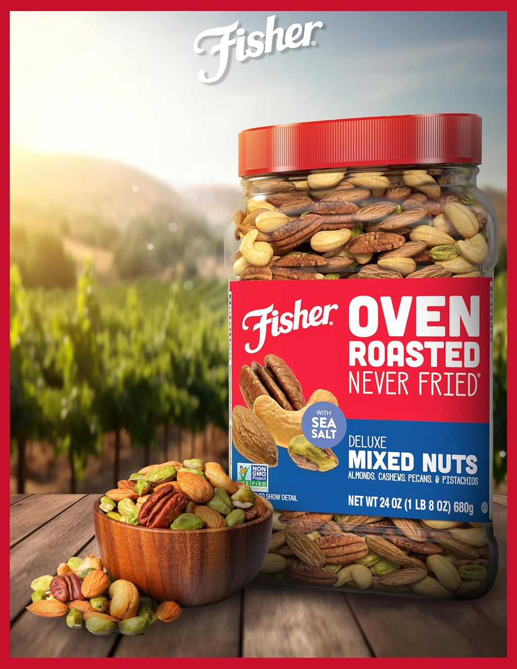 Fisher Oven Roasted Deluxe Mixed Nuts, 24 Ounces, No Added Oil, Gluten Free, Almonds, Cashews, Pecans, Pistachios