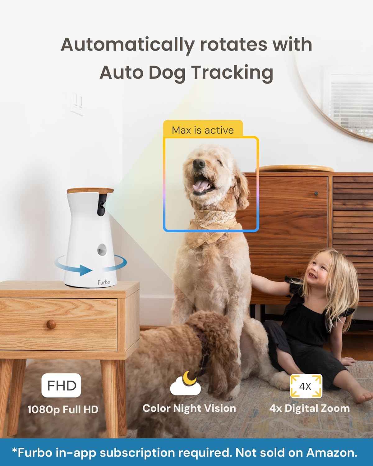 Furbo 360° Dog Camera with Subscription Required - Home Security & Dog Safety Alerts, 2-Way Speaker, Rotating Pet Treat Toss
