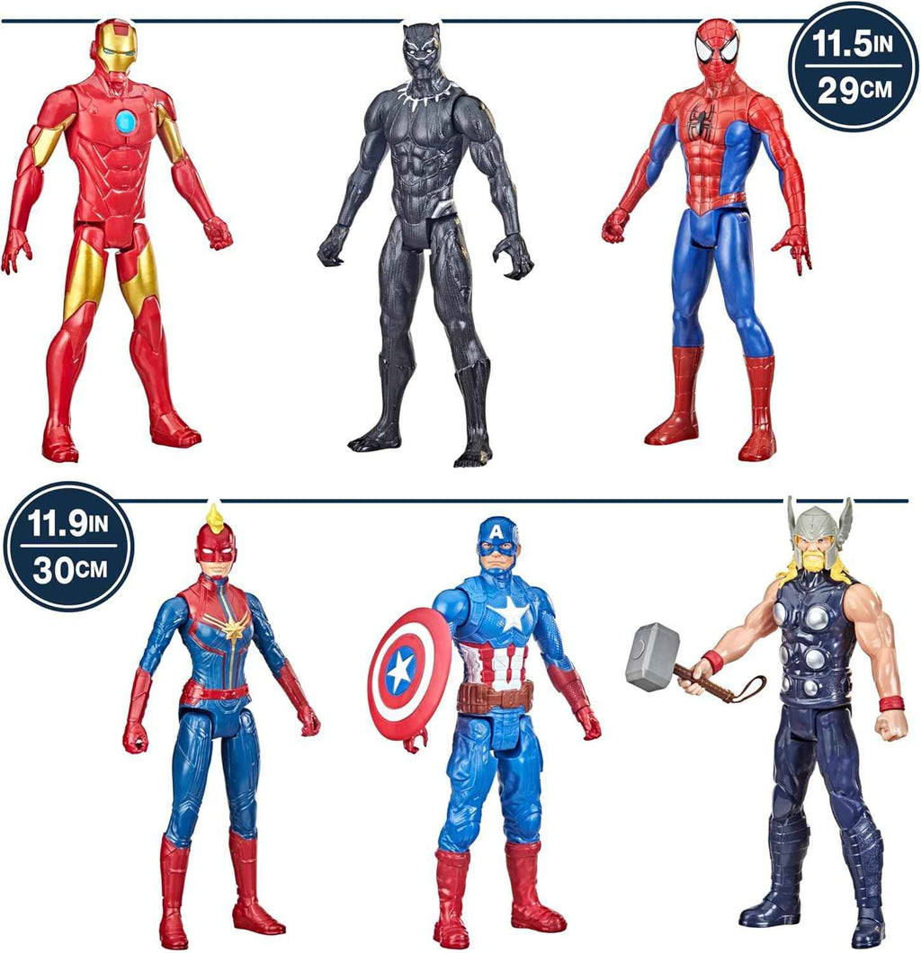6-inch marvel titan hero series action figure multipack with spider-man, captain america, iron man, thor, captain marvel, and black panther