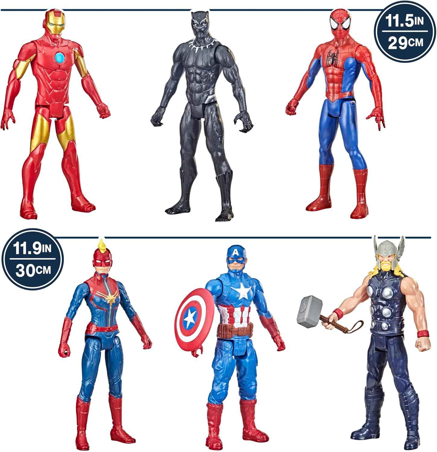 6-inch marvel titan hero series action figure multipack with spider-man, captain america, iron man, thor, captain marvel, and black panther