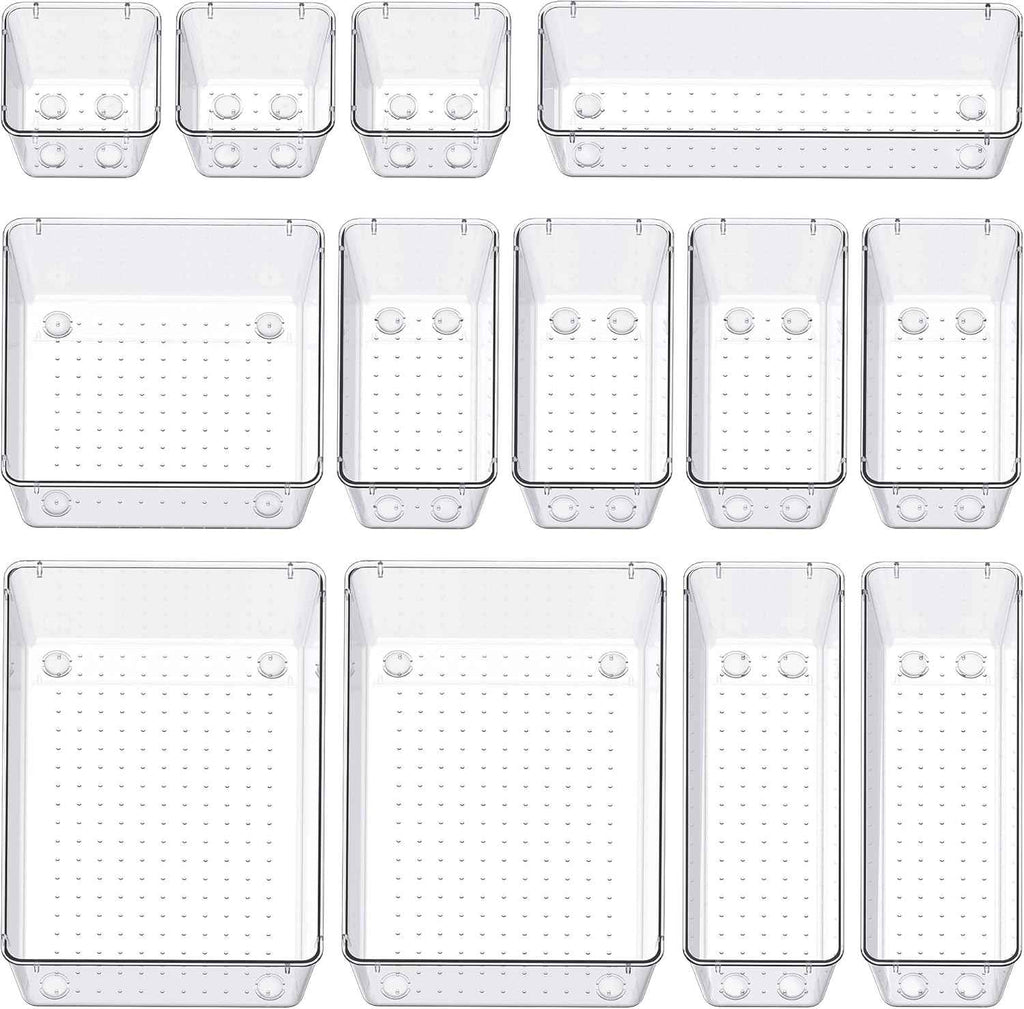 SMARTAKE 13-Piece Drawer Organizers with Non-Slip Silicone Pads, 5-Size Desk Bathroom Drawer Organizer Trays Storage Tray for Makeup, Jewelries, Utensils in Bedroom Dresser, Office and Kitchen, Clear