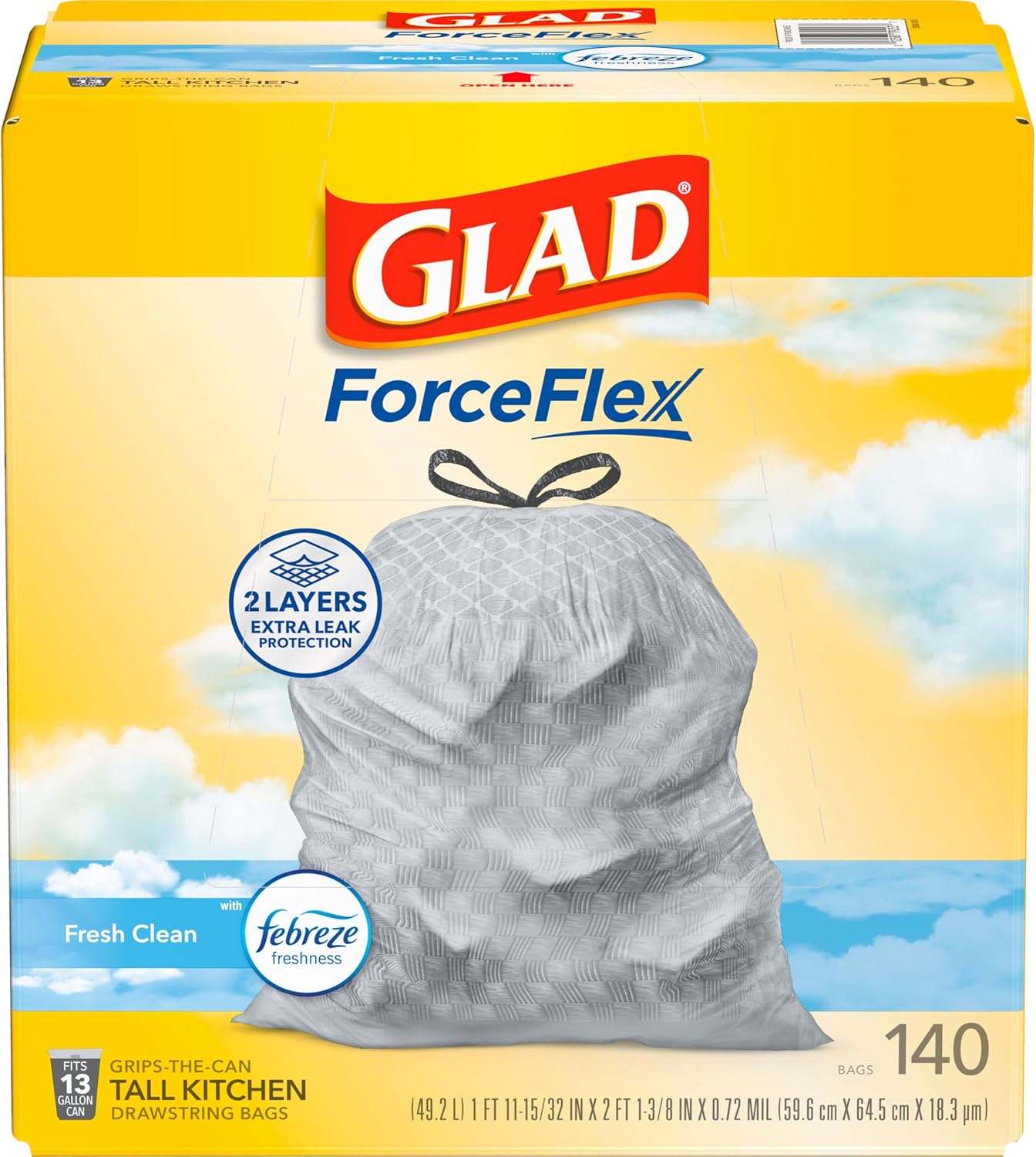 Glad ForceFlex Tall Kitchen Trash Bags, 13 Gallon, Gain Fresh Clean, 40 Count (Package May Vary) - ShopUS
