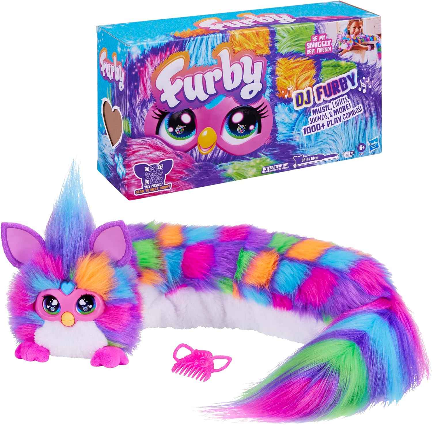 FURBY DJ Interactive Toy, Neon Star, Snuggly Electronic Plush, Music, Lights, Motion, & Games, Speaks English & Furbish, 32 in Long, 6+ Years (Amazon Exclusive)