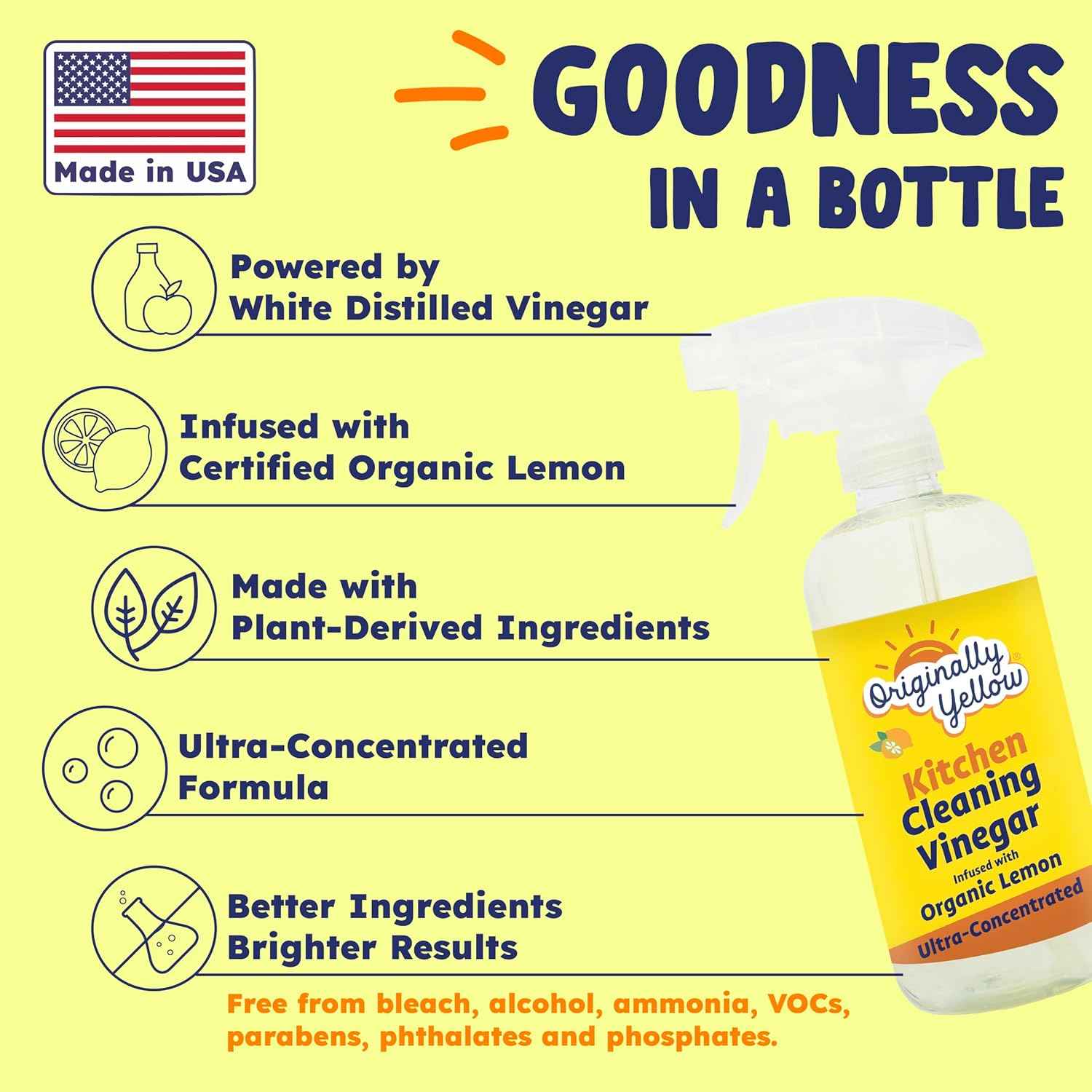 Originally Yellow 16 Fl Oz Plant-Based Kitchen Cleaner, 3-Pack with Natural Vinegar and Organic Lemon