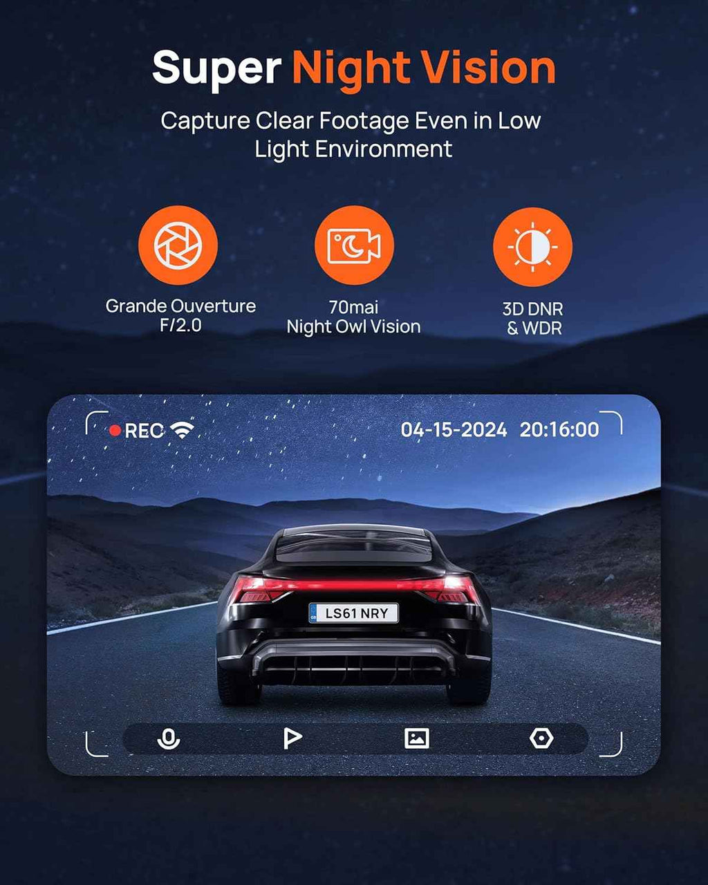 70mai dash cam m310, 1296p qhd, 130° wide-angle fov, wdr, night vision, ios/android, parking monitor, time-lapse
