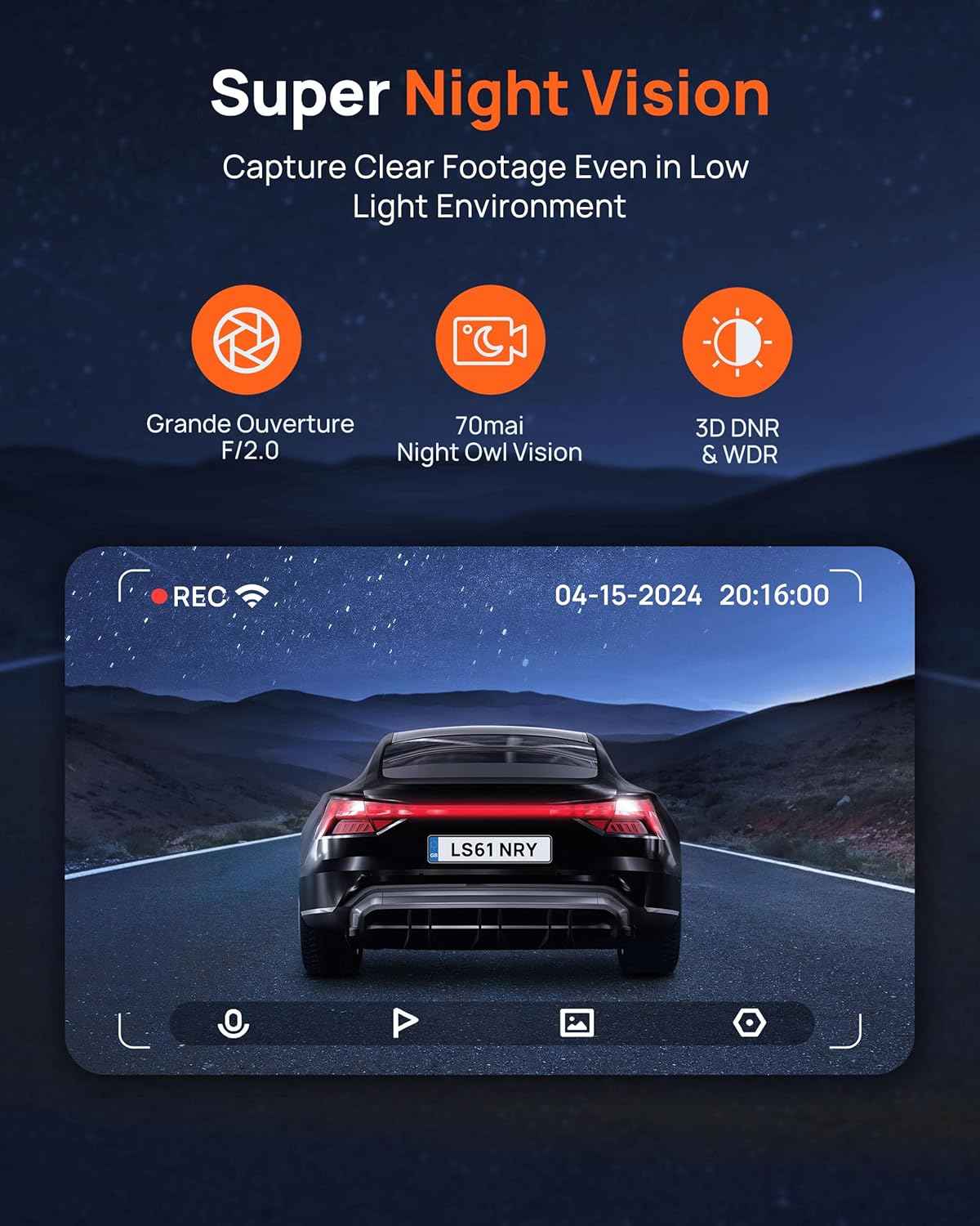 70mai dash cam m310, 1296p qhd, 130° wide-angle fov, wdr, night vision, ios/android, parking monitor, time-lapse
