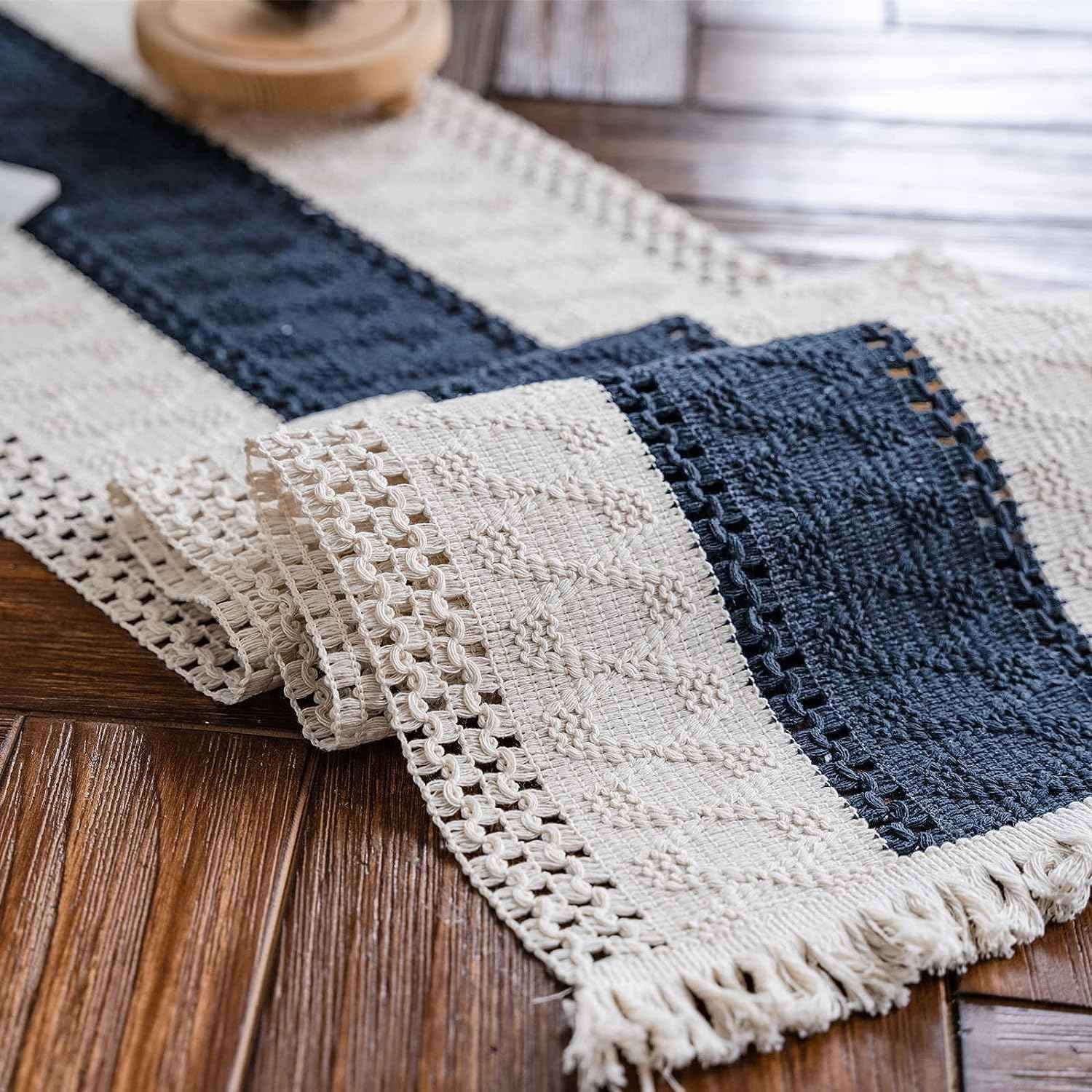 Alynsehom Macrame Table Runner Cream Beige Boho Table Runners with Tassels Hand Woven Cotton Table Runner Rustic Farmhouse Table Runners for Bohemian Kitchen Dining Table(12x71in)