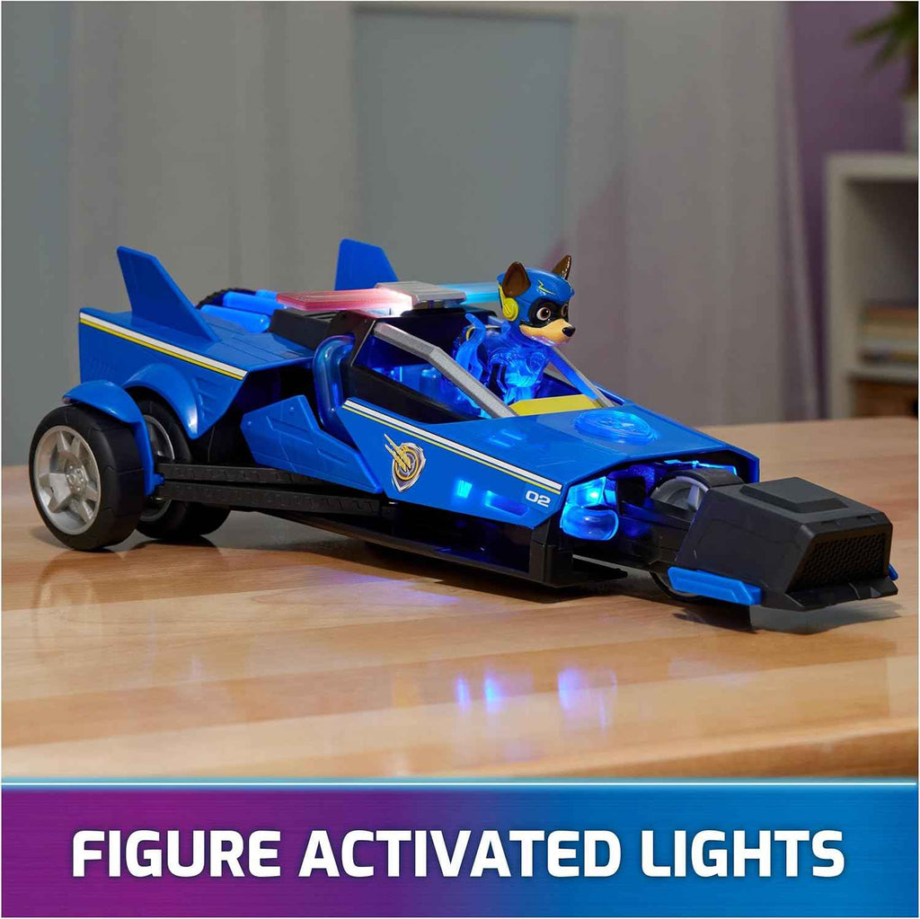 paw patrol mighty movie chase cruiser with mighty pups action figure, lights and sounds for kids 3+
