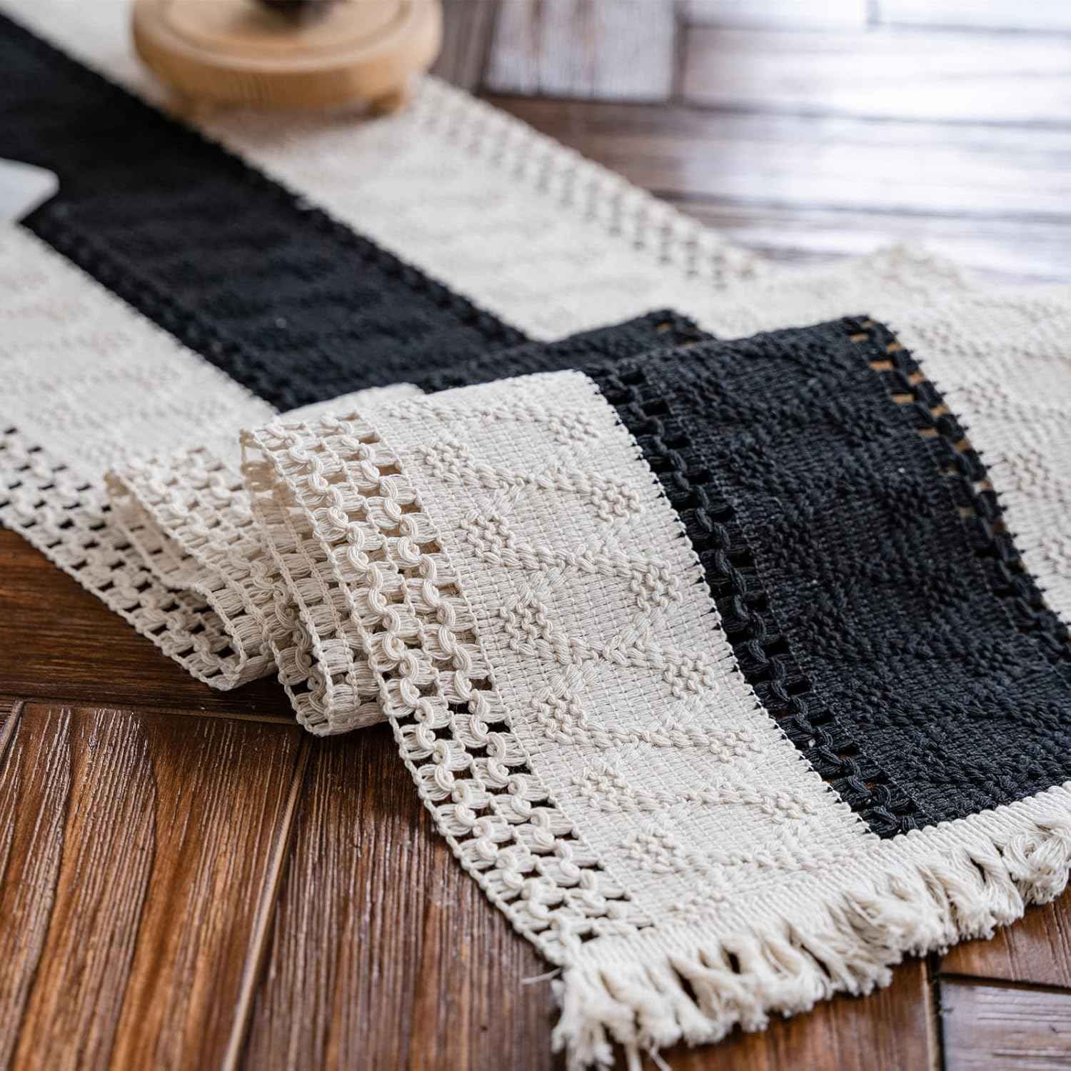Alynsehom Macrame Table Runner Cream Beige Boho Table Runners with Tassels Hand Woven Cotton Table Runner Rustic Farmhouse Table Runners for Bohemian Kitchen Dining Table(12x71in)