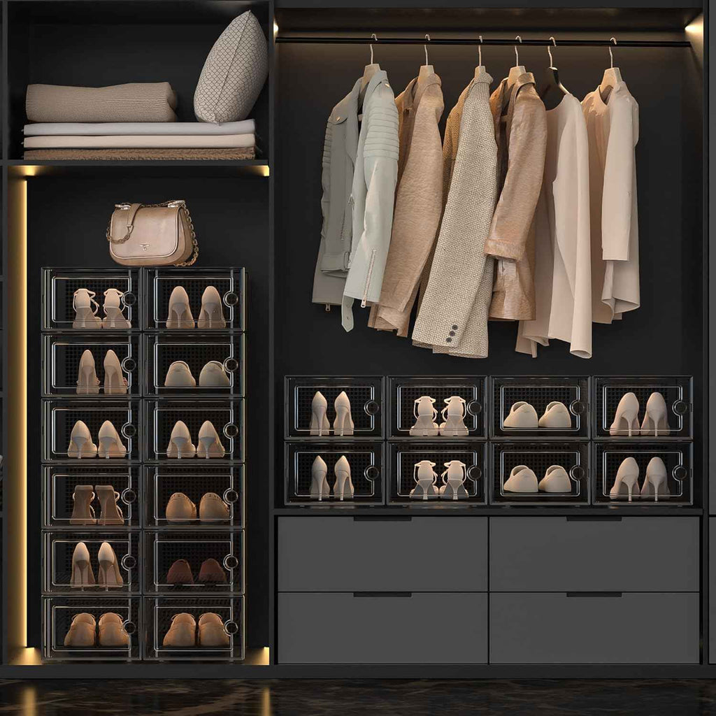 Kuject X-Large Clear Plastic Shoe Storage Boxes, Stackable 12 Pack, Black