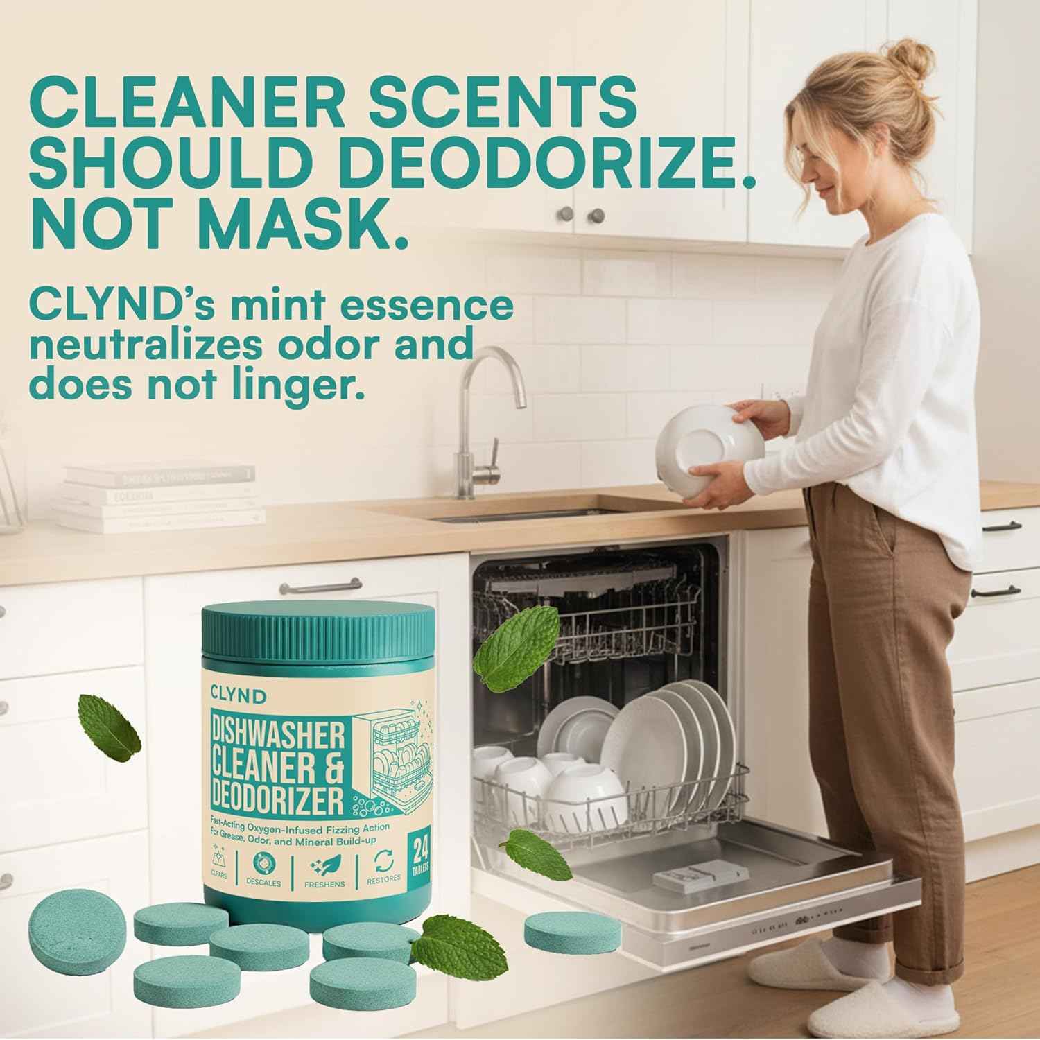 Dishwasher cleaner and deodorizer tablets - 24 pack, heavy duty, natural descaler and odor eliminator
