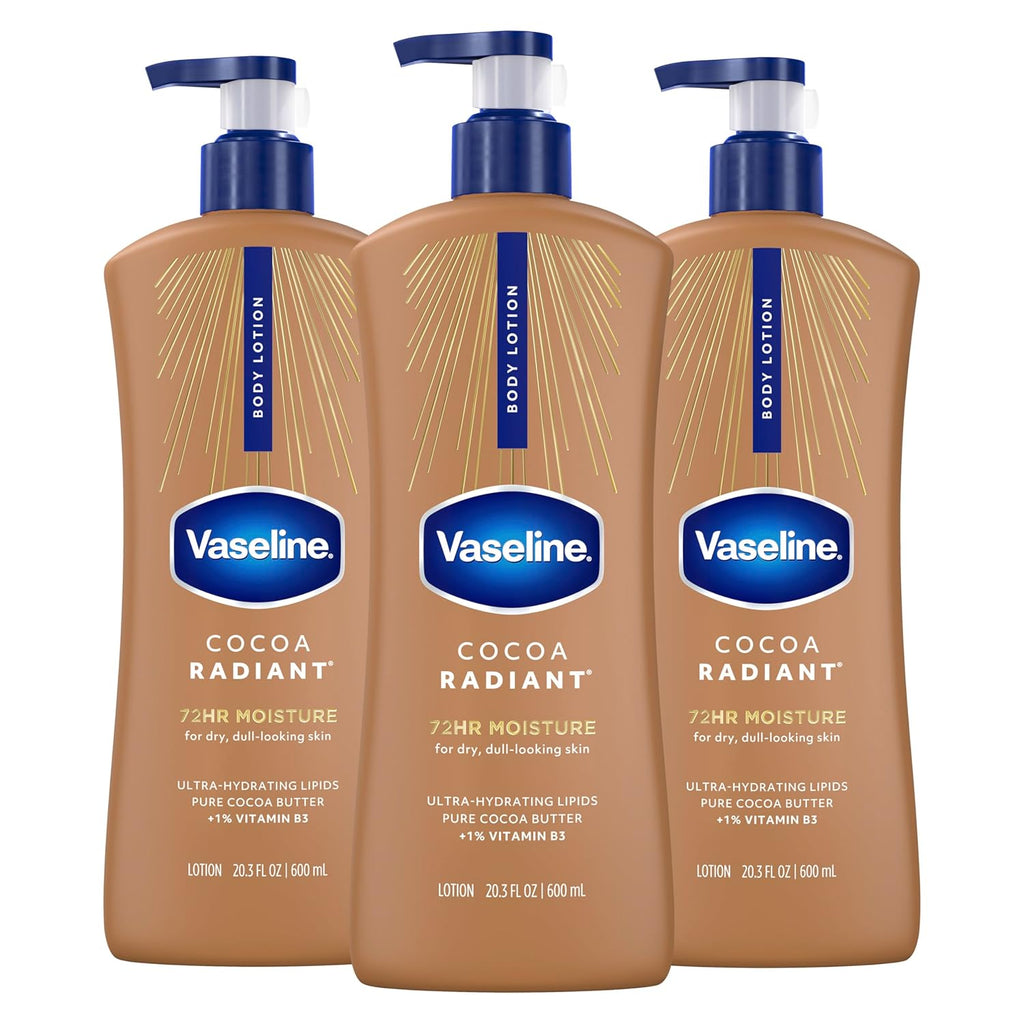Vaseline Intensive Care Body Lotion Cocoa Radiant 3 count for Dry Skin Lotion Made with Ultra-Hydrating Lipids and PLre Cocoa Butter for a Long-Lasting, Radiant Glow 20.3 Oz