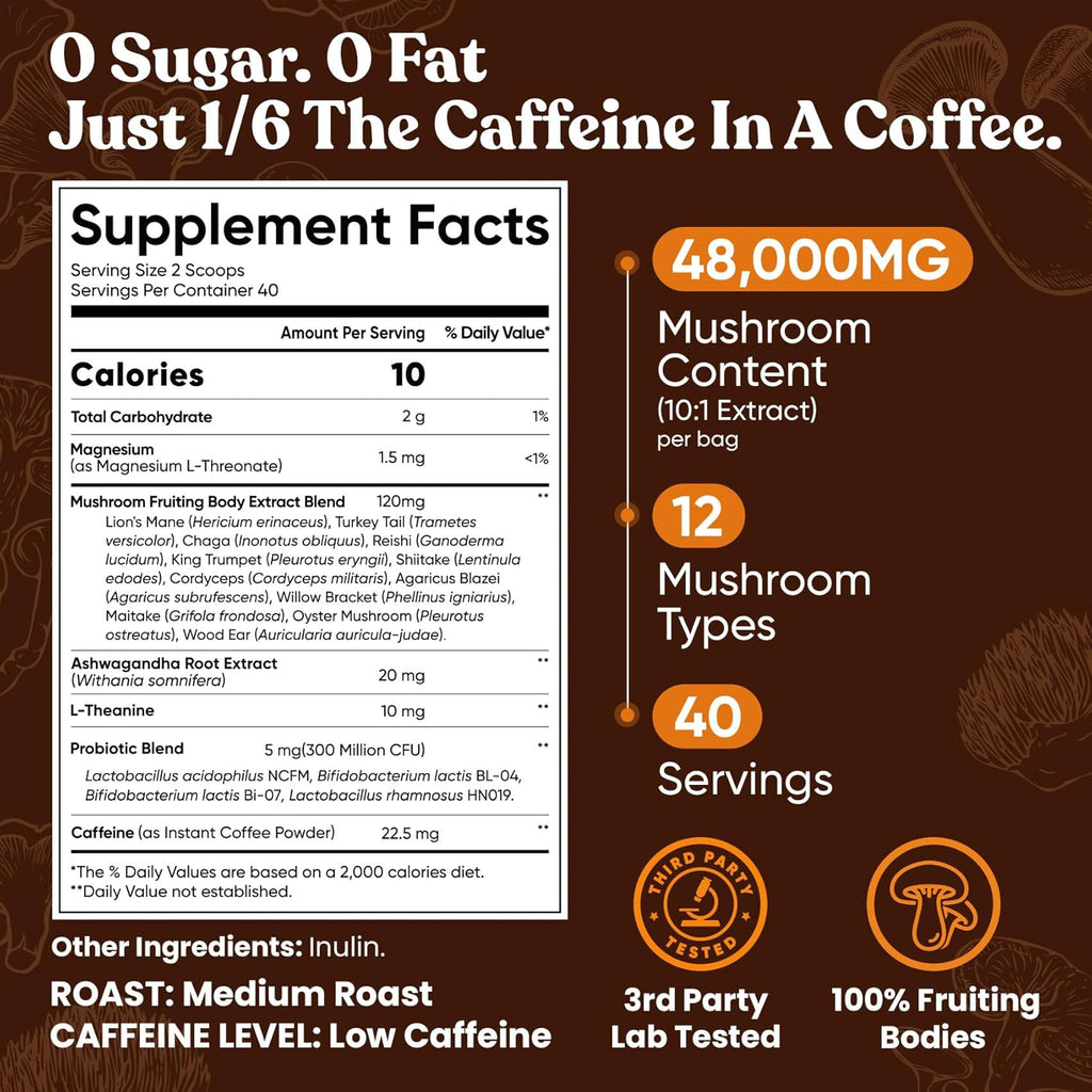 venture pal 48000mg lion's mane mushroom coffee with 12 adaptogenic mushrooms, 40 servings, instant coffee