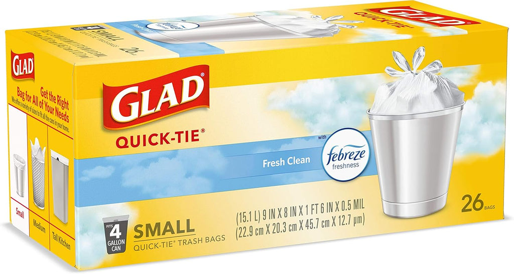 Glad Small Trash Bags 4 Gallon, Febreze Fresh Clean Garbage Bags, Odor Resistant with Quick Tie, 26 Count - ShopUS