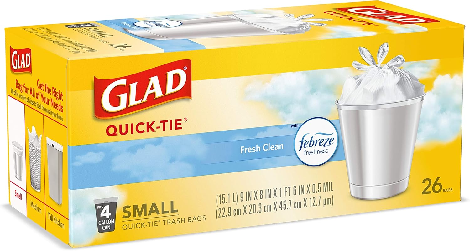 Glad Small Trash Bags 4 Gallon, Febreze Fresh Clean Garbage Bags, Odor Resistant with Quick Tie, 26 Count - ShopUS