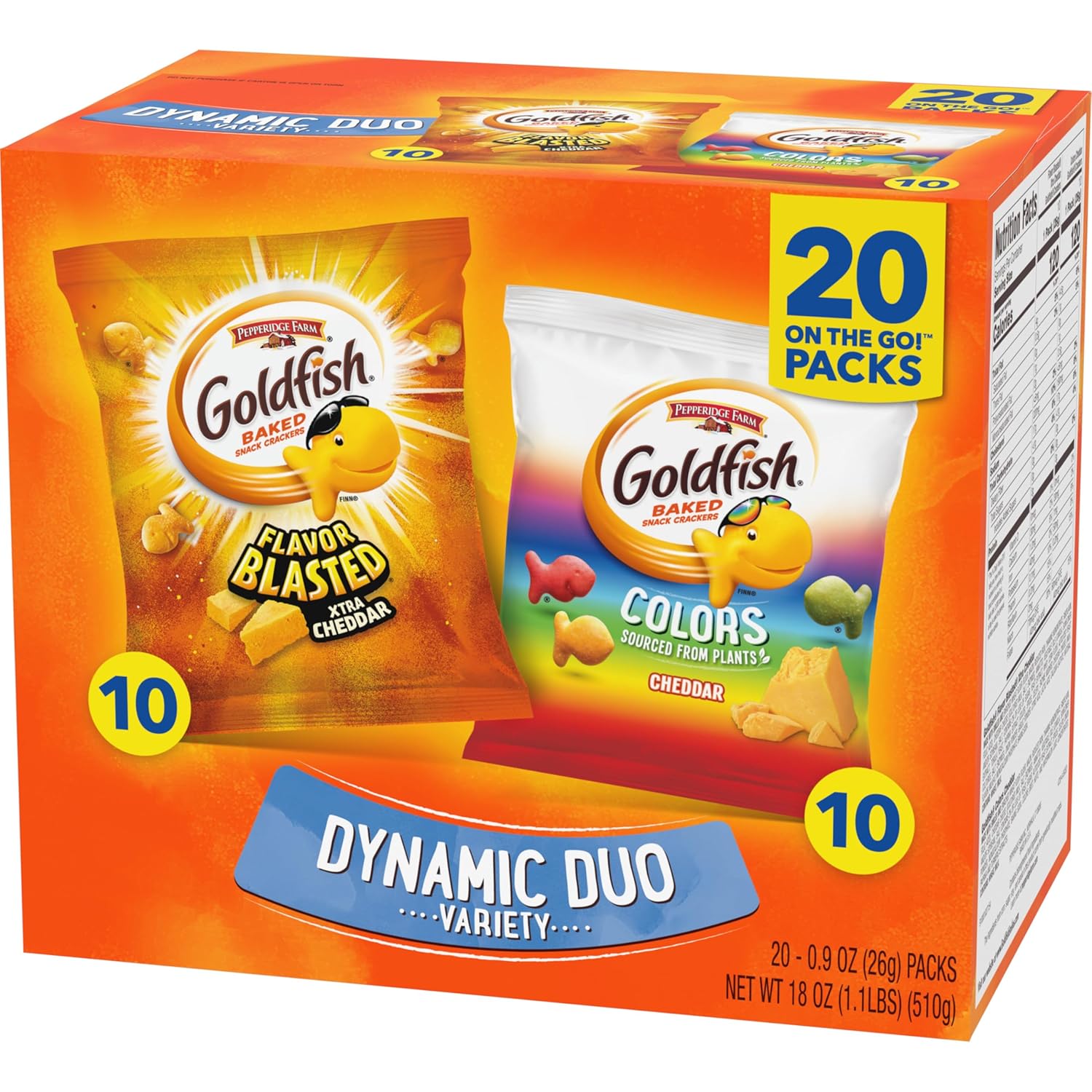 goldfish dynamic duo variety pack cheddar flavor blasted xtra cheddar snack packs 20 count