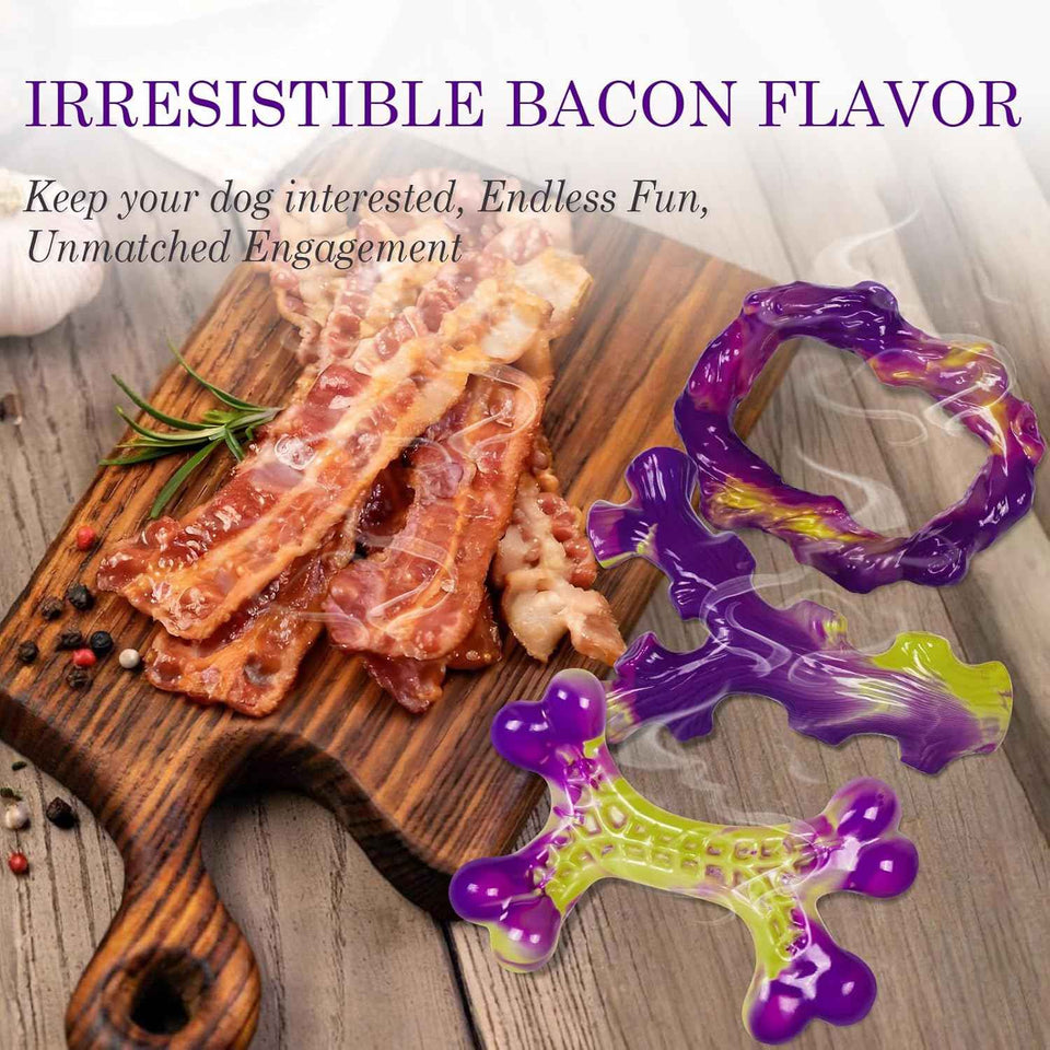 Tough dog toys for aggressive chewers, 3-pack, bacon flavored, durable for large dogs, keeps busy