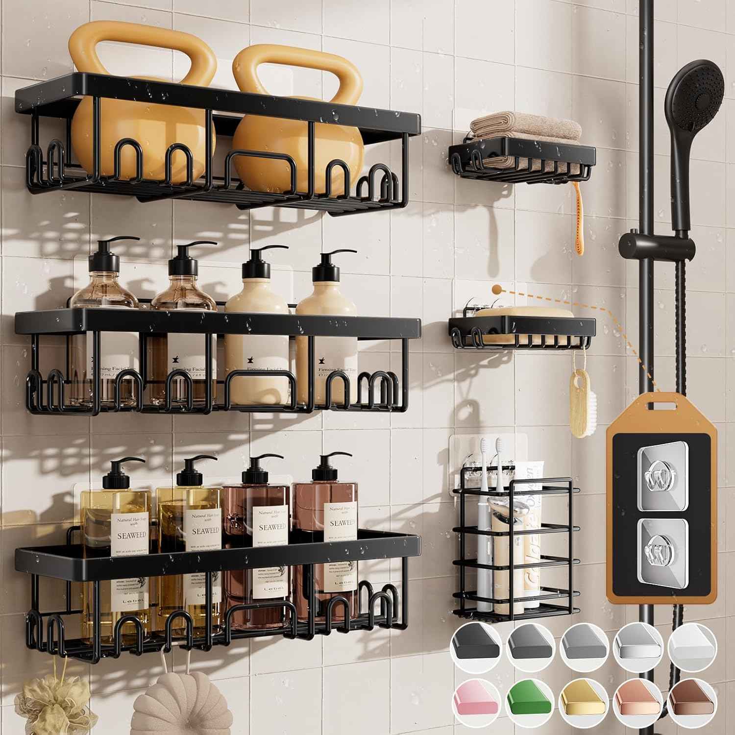 Veken Shower Caddy 6-Pack, Advanced Rustproof Design, No Drilling Adhesive Shelves, Rack with Soap Holder, Large Capacity Bathroom Organizers and Storage, Wall-Mounted Kitchen & Home Decor
