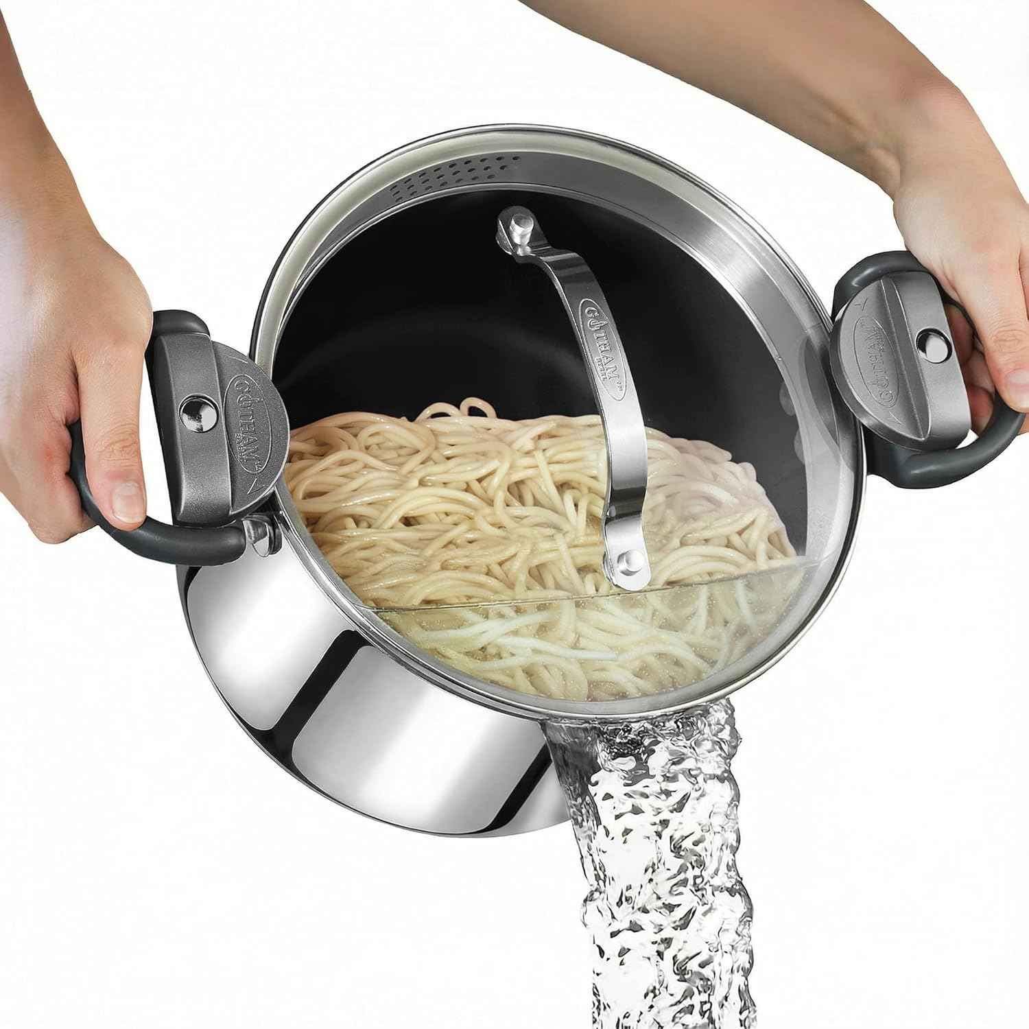 Gotham Steel 5 Quart Stock Pot Multipurpose Pasta Pot with Strainer Lid & Twist and Lock Handles, Nonstick Ceramic Surface Makes for Effortless Cleanup with Tempered Glass Lid, Dishwasher Safe