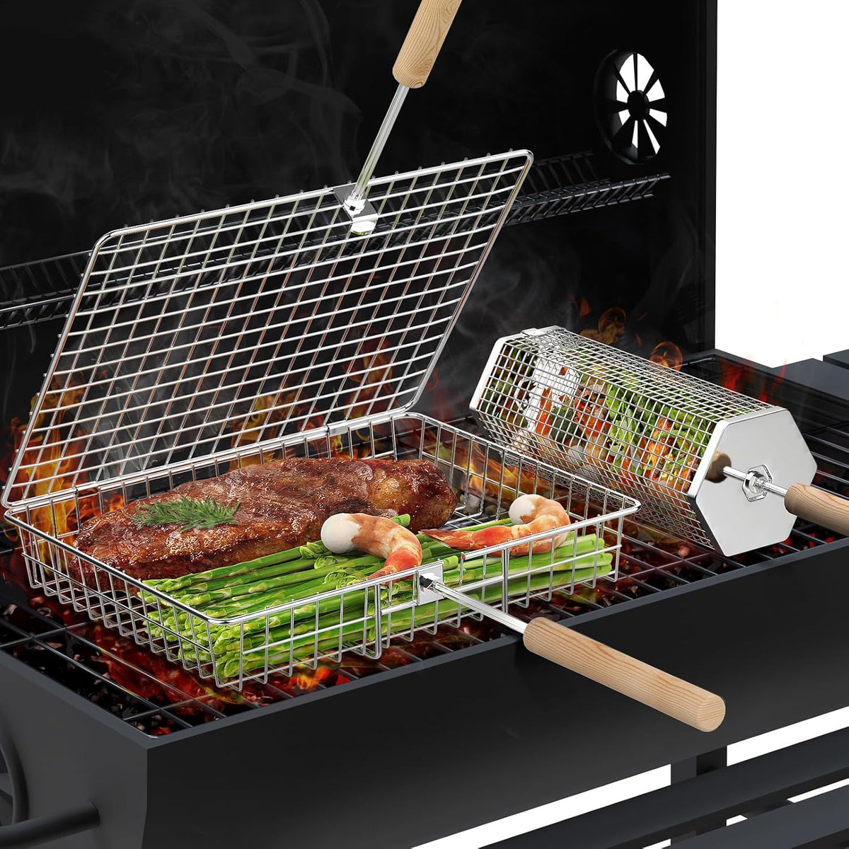 Grill Basket Set, Removable Wooden Handle, 304 Stainless Steel, Rolling BBQ Tools, Smoker Grilling Accessories for Vegetable Fish, Outdoor Cooking Camping, Birthday Gifts for Men Dad Husband