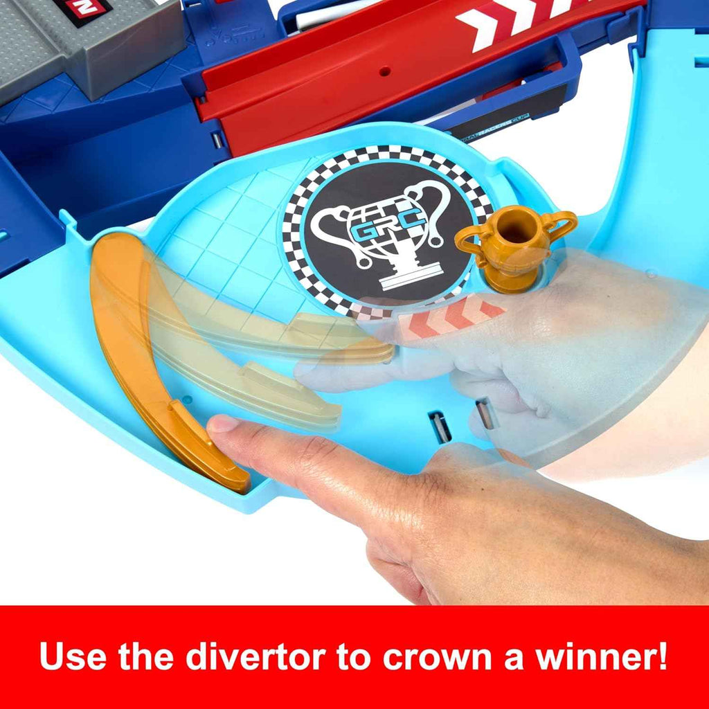 Mattel Disney Pixar Cars GRC Jumping Raceway track set with 2 cars, Lightning McQueen & Francesco Bernoulli, kid-powered booster
