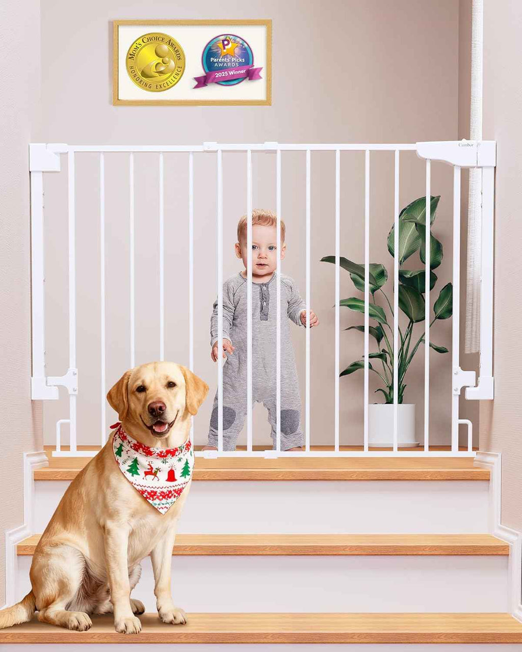 Cumbor 29.2-43" White Baby Gate for Stairs, Wall-Mounted, Expandable Dog Gate with Auto Close Walk Thru