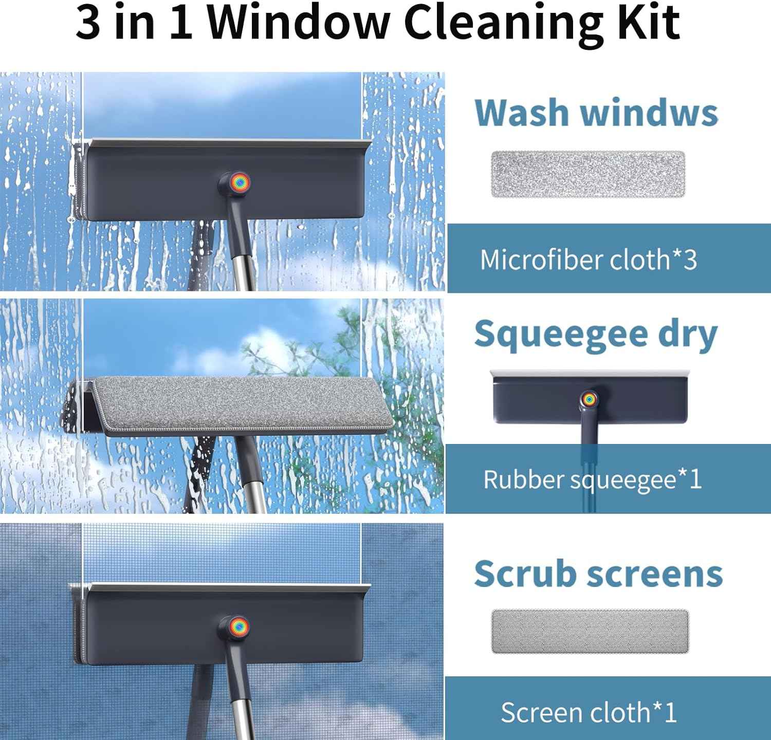 3 in 1 window squeegee with 60 inch extension pole for home glass mirrors and screens cleaning kit