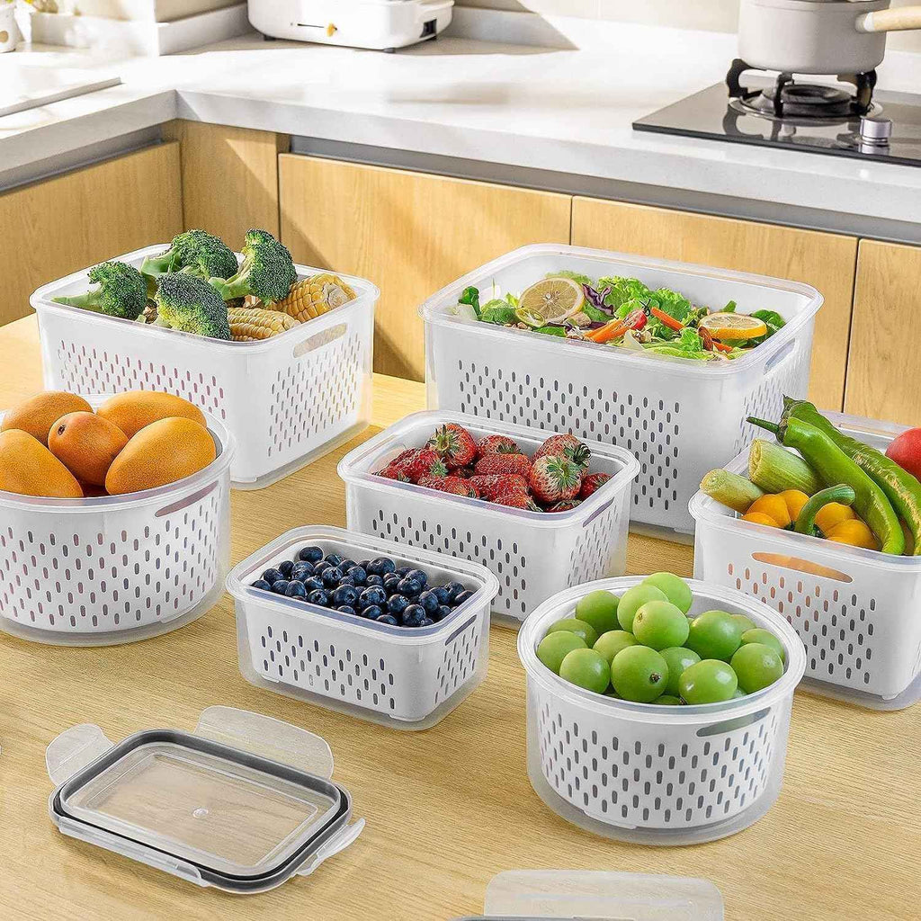 Fruit Storage Containers for Fridge with Removable Colander, Airtight Food Storage Container, Dishwasher Safe Produce Saver for Refrigerator, 4 PCS Small Clear