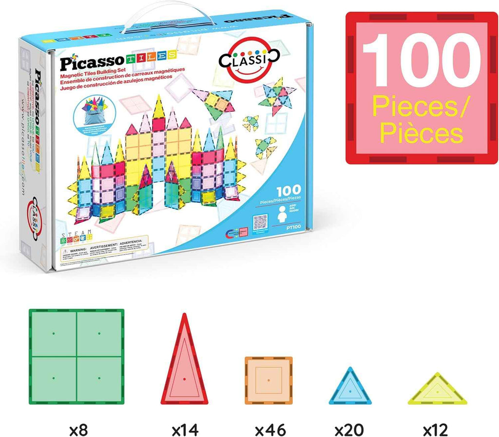 PicassoTiles 100 Piece Clear Magnetic 3D Blocks Creativity and Imagination Toy Set for Kids Inspirational