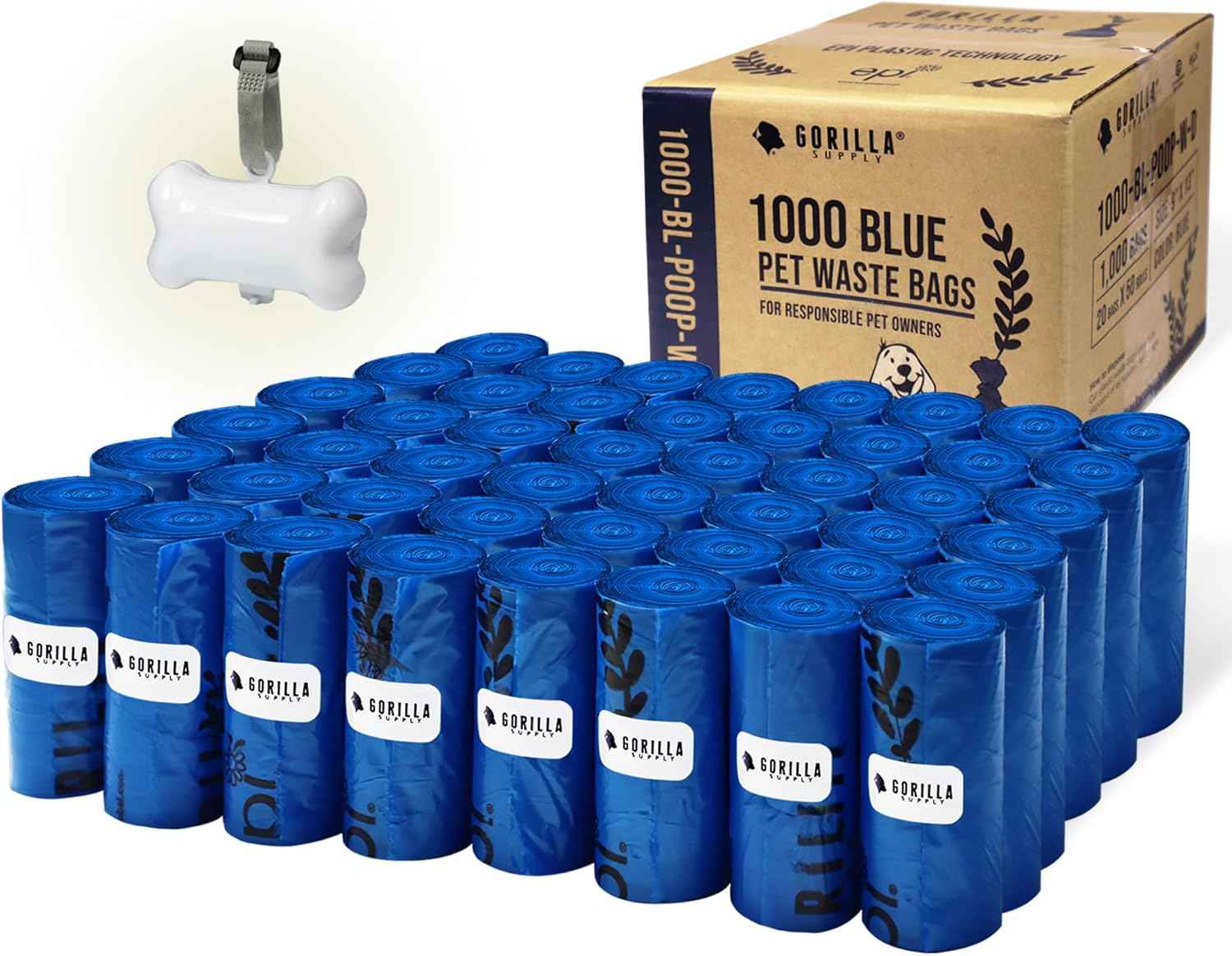 gorilla supply 1000 count dog poop waste bags with dispenser and leash tie, blue, 9" x 13"