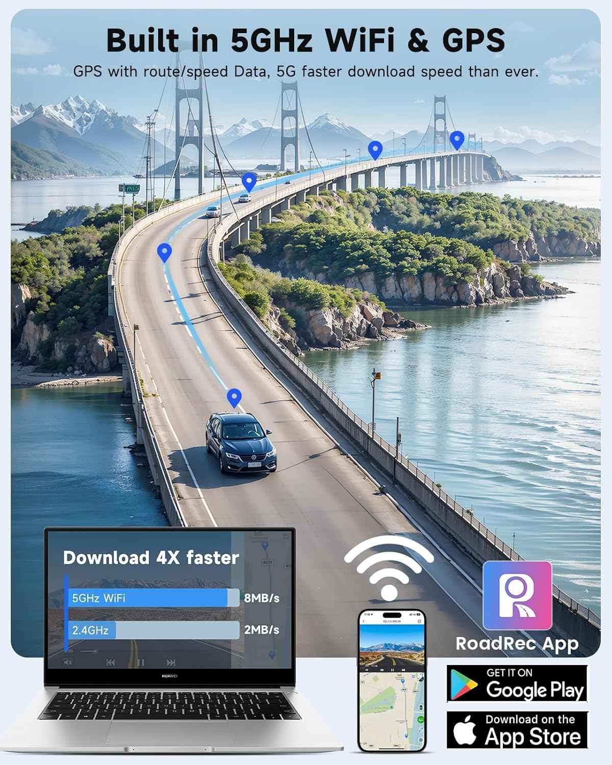 sarmert 4k 3 channel dash cam with 64gb free card, g-sensor, wdr, and 5g wifi