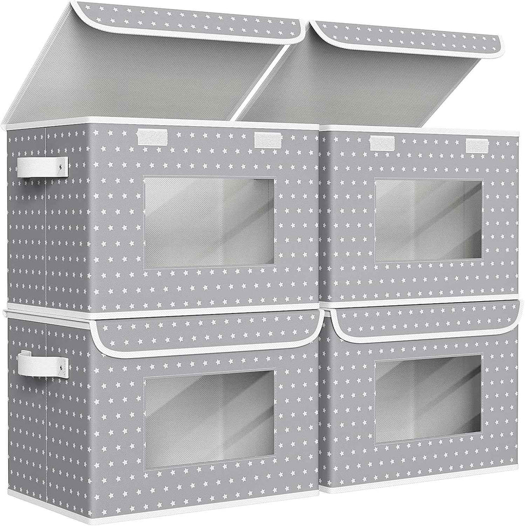 Univivi Fabric Foldable Storage Boxes [4-Pack] Large Collapsible Stackable Storage Bins with Lids, Closet Organizers and Storage Cube Basket for Home, Office, Bedroom (Gray, 17“ x 12” x 12")