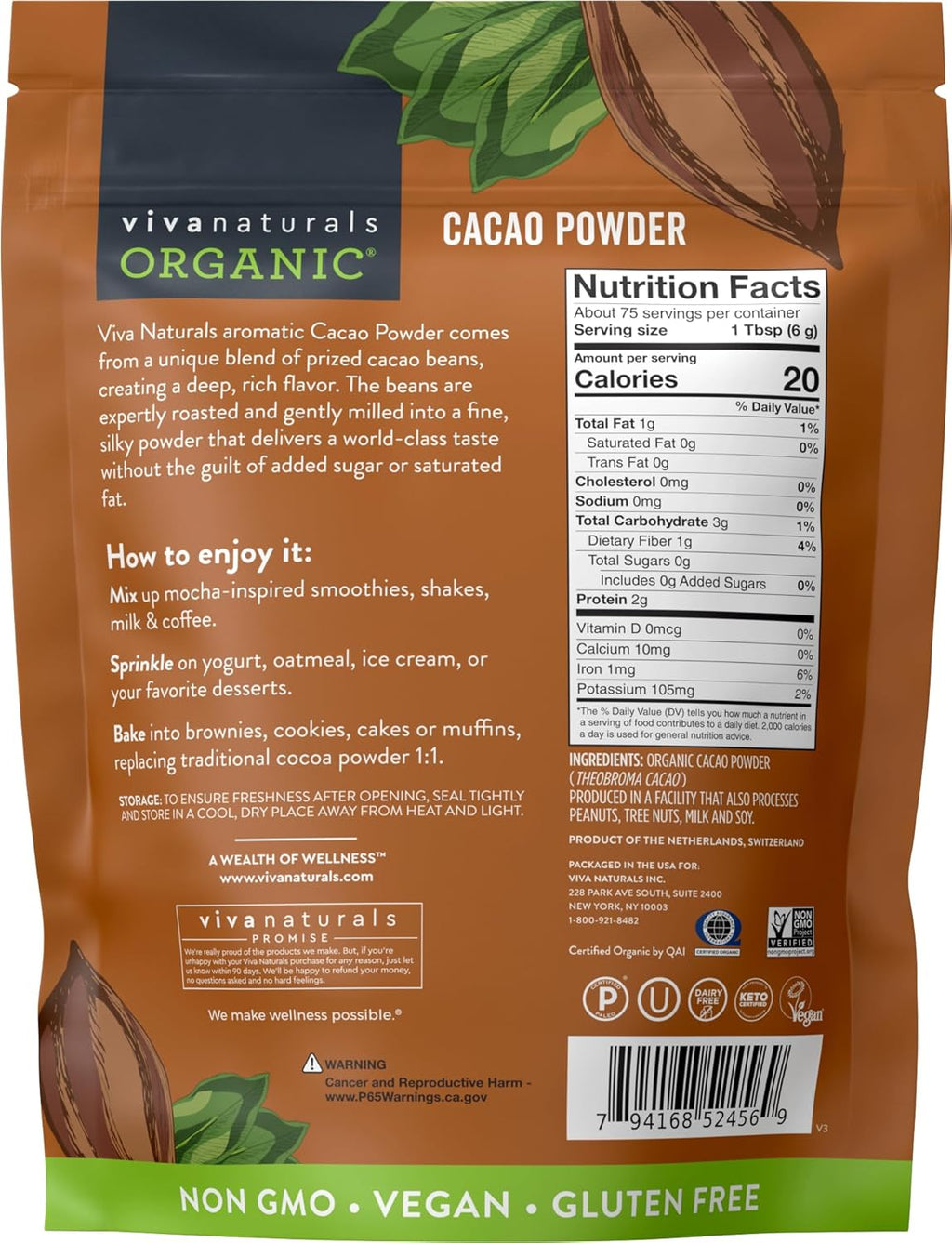 organic unsweetened cacao powder 1 lb rich dark chocolate flavor vegan keto paleo non-gmo gluten-free