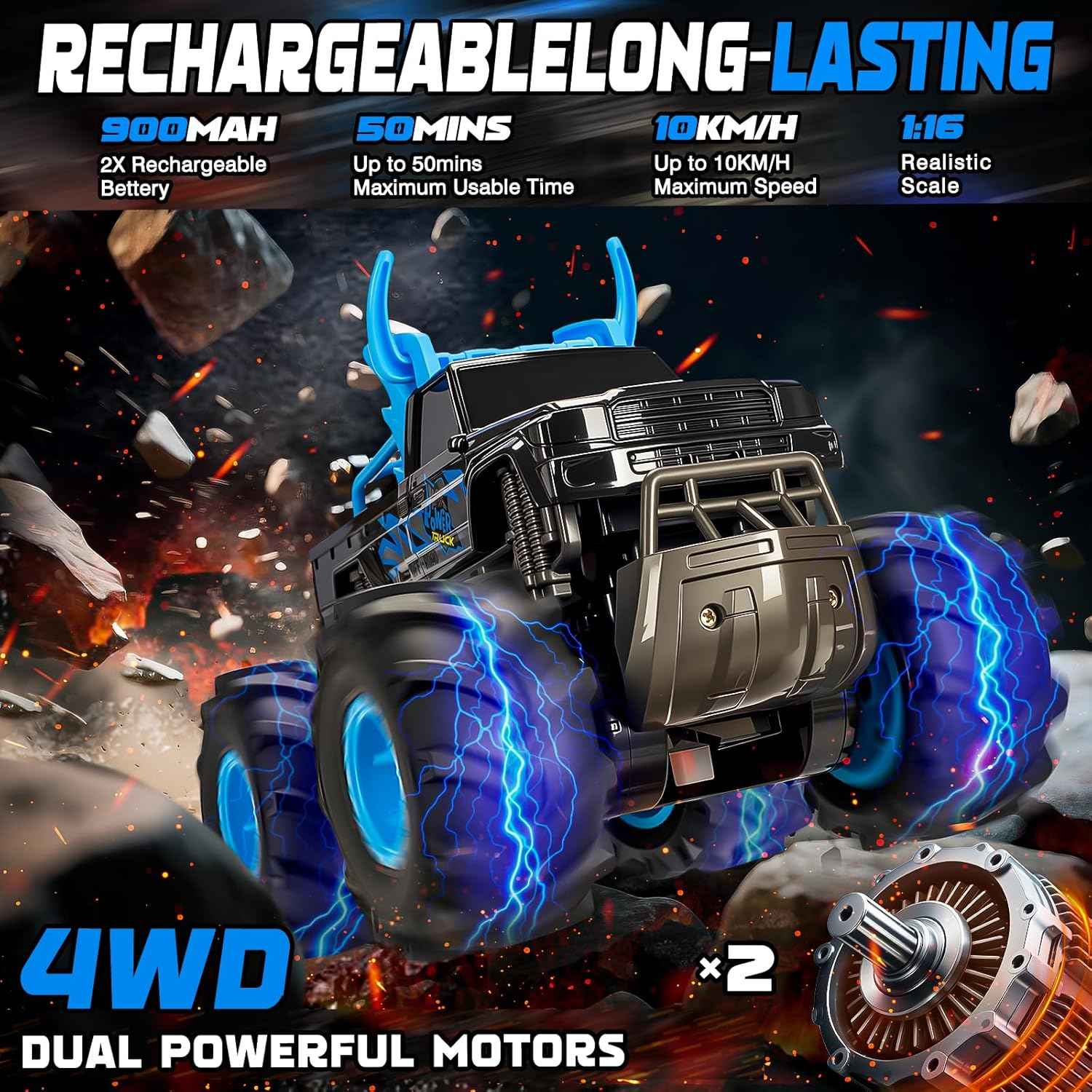 BainGesk waterproof 1:16 2.4GHz 4WD all-terrain RC car with 2 rechargeable batteries for kids