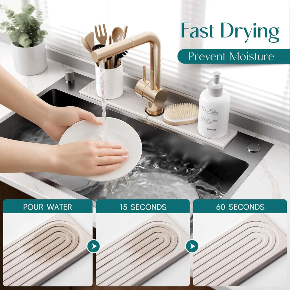 Eormoe Faucet Mat for Kitchen Sink – Diatomite Stone Drying Mat & Sink Protectors, Prevent Moisture – Sink Splash Guard Water-Absorbing Stone Tray for Kitchen Counter Decor (Light Grey, 23.6" x 3.9")