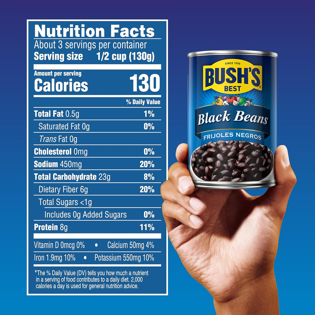 Bush's Best 15 oz canned black beans, gluten-free, low fat, source of plant-based protein and fiber, pack of 12